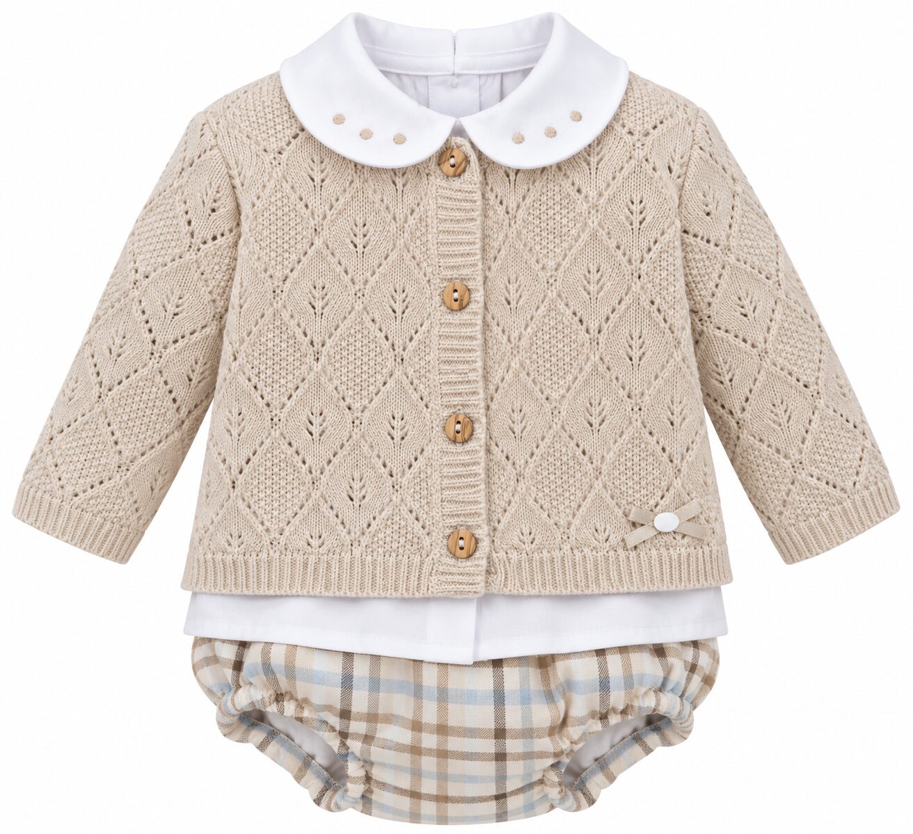Conjunto de bebé de punto y cuadros Conjunto de Bebé Beige con Rebeca de Punto Calado y Braguita de Cuadros 4