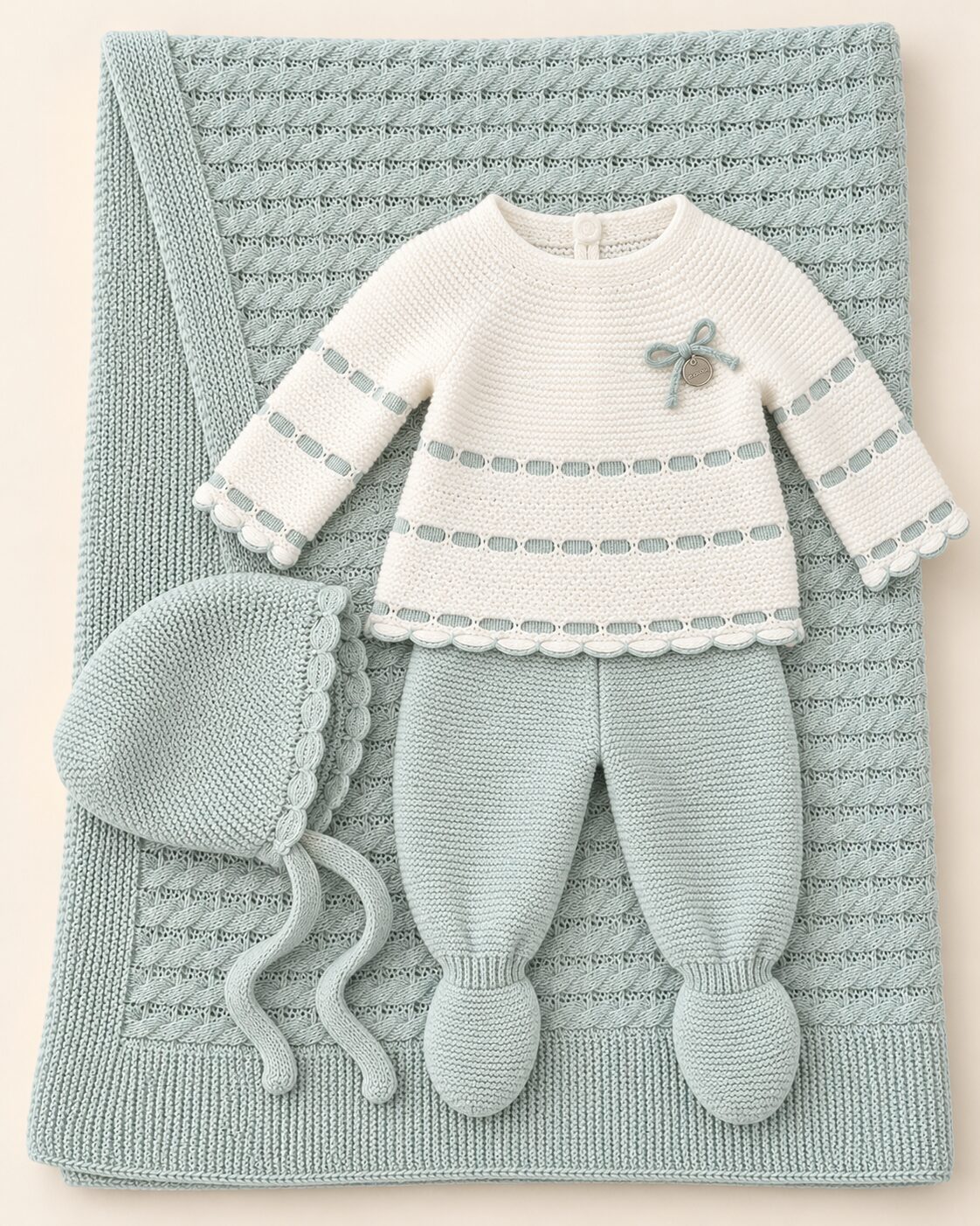 Conjunto de bebé en menta y crema Pack Primera Puesta: Conjunto de Nacimiento Juliana 3 Piezas Crudo y Verde Agua Empolvado con Toquilla 3