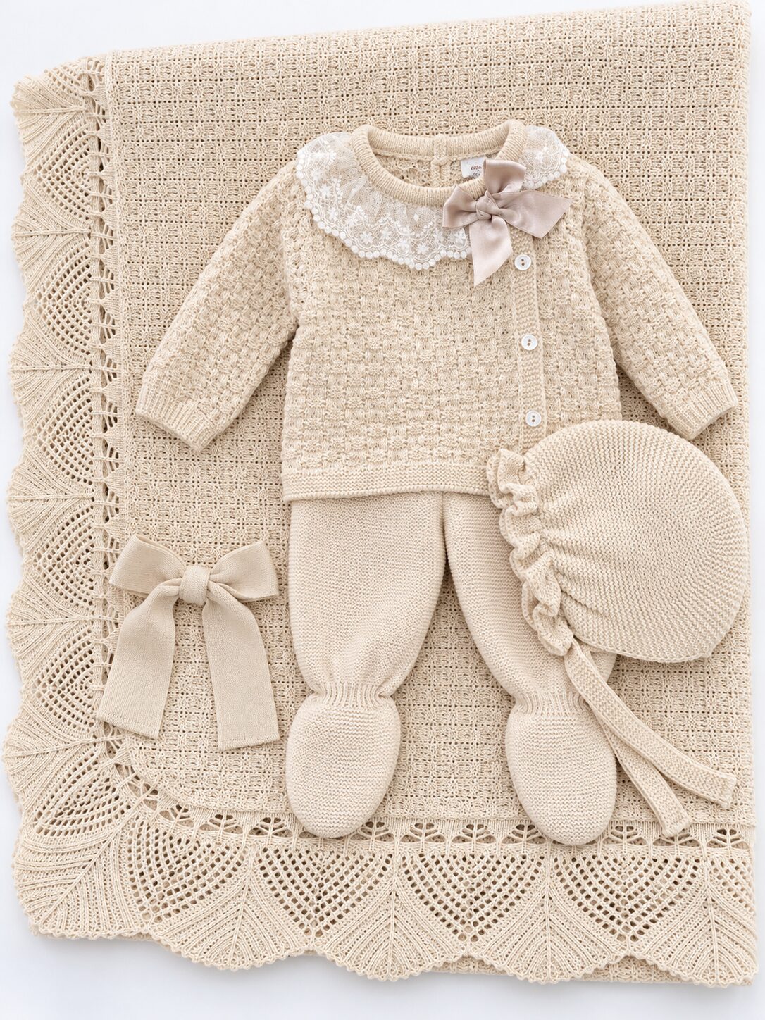 Conjunto de bebé en punto crema Pack Primera Puesta: Conjunto de punto Juliana para bebé en color beige con capota y toquilla – Talla 1 mes 2