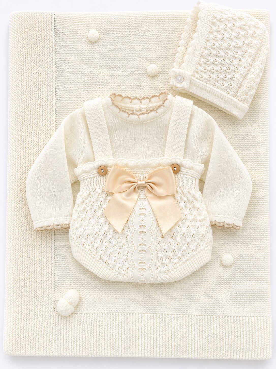 Conjunto de bebé en punto marfil Pack Primera Puesta: conjunto de punto color marfil con peto, capota y toquilla – Talla 3 meses 3