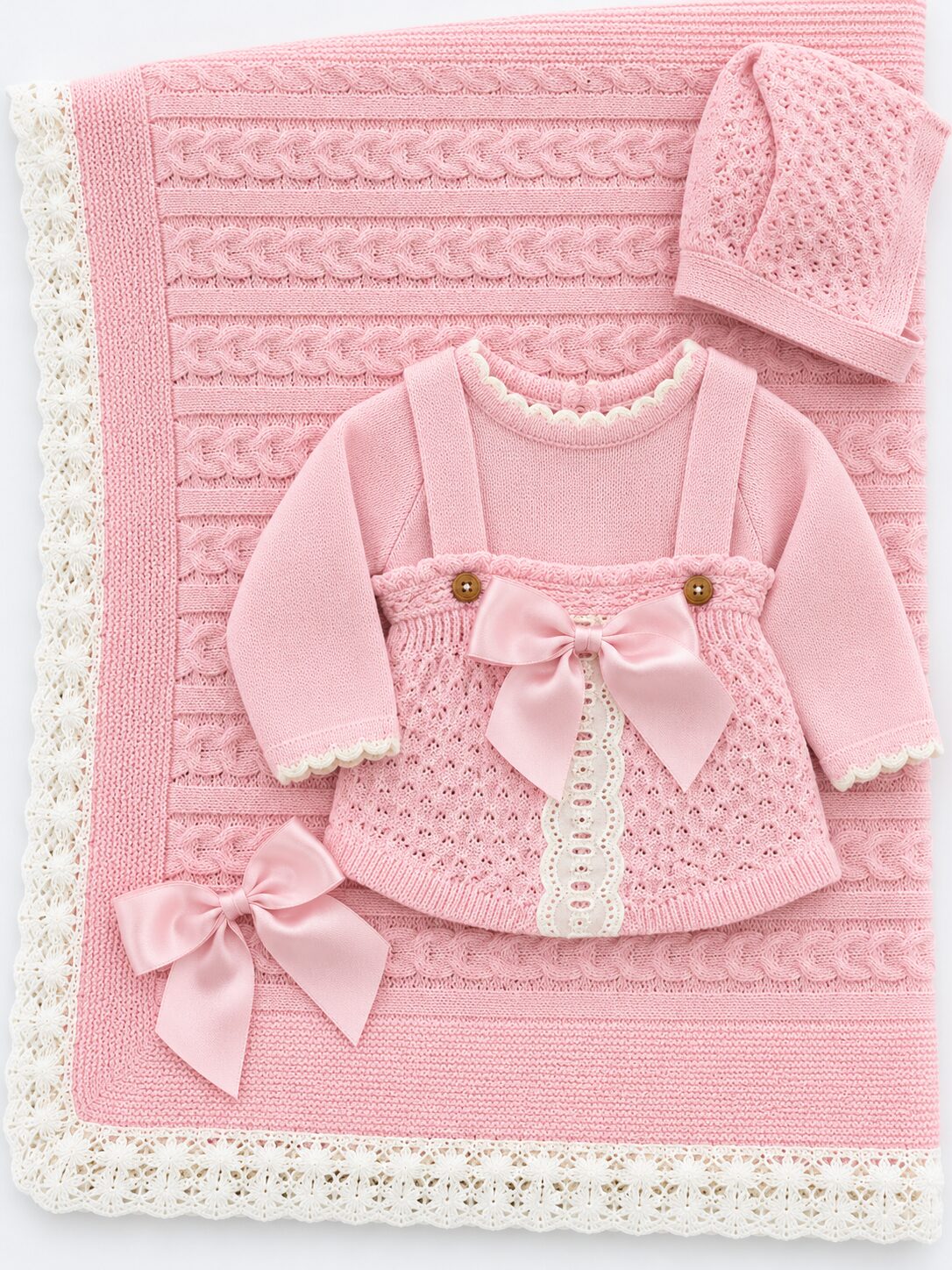 Conjunto de bebé rosa con encaje y lazo Pack Primera Puesta: Conjunto de Nacimiento Rosa Empolvado con Peto, Jersey, Gorro y Toquilla 3