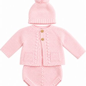 Conjunto de Punto para Bebé Rosa con Chaqueta, Ranita y Gorro con Pompón 4 Conjunto de Punto para Bebé Rosa con Chaqueta, Ranita y Gorro con Pompón 7
