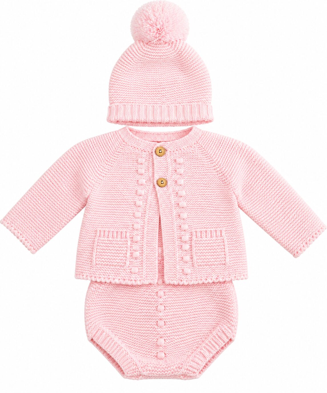 Conjunto de bebé rosa de punto (1) Conjunto de Punto para Bebé Rosa con Chaqueta, Ranita y Gorro con Pompón 5