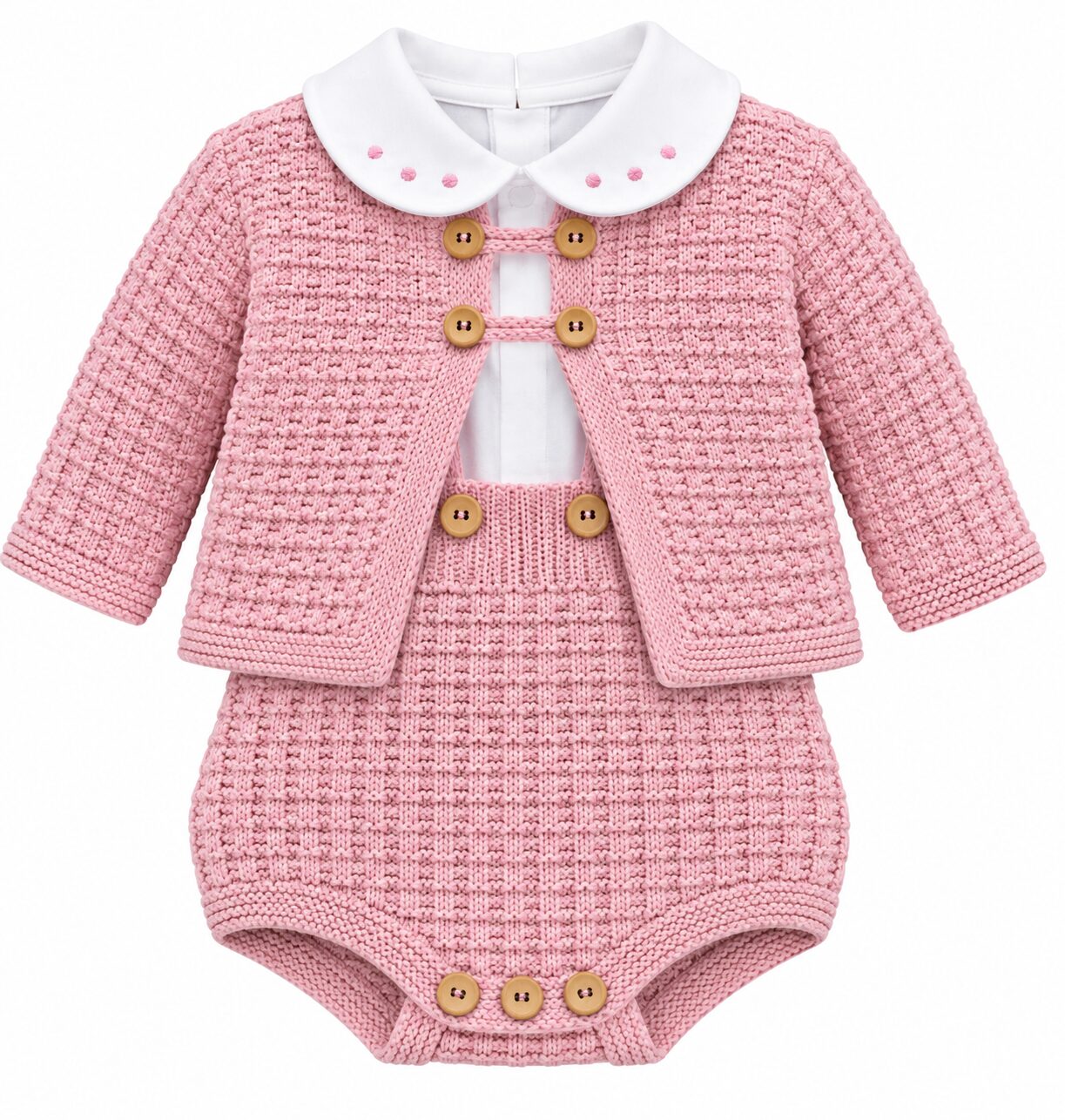 Conjunto de bebé rosa de punto Conjunto de Bebé Rosa de 3 Piezas con Peto, Rebeca y Camisa 5