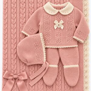 Pack Primera Puesta: Conjunto de Punto para Bebé Rosa Empolvado con Toquilla, Gorro y Polainas – Talla 0 Meses