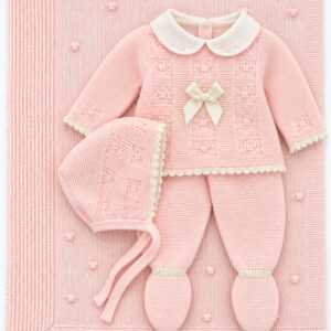 Pack Primera Puesta: Conjunto de punto rosa bebé con toquilla y capota – Talla 0 meses