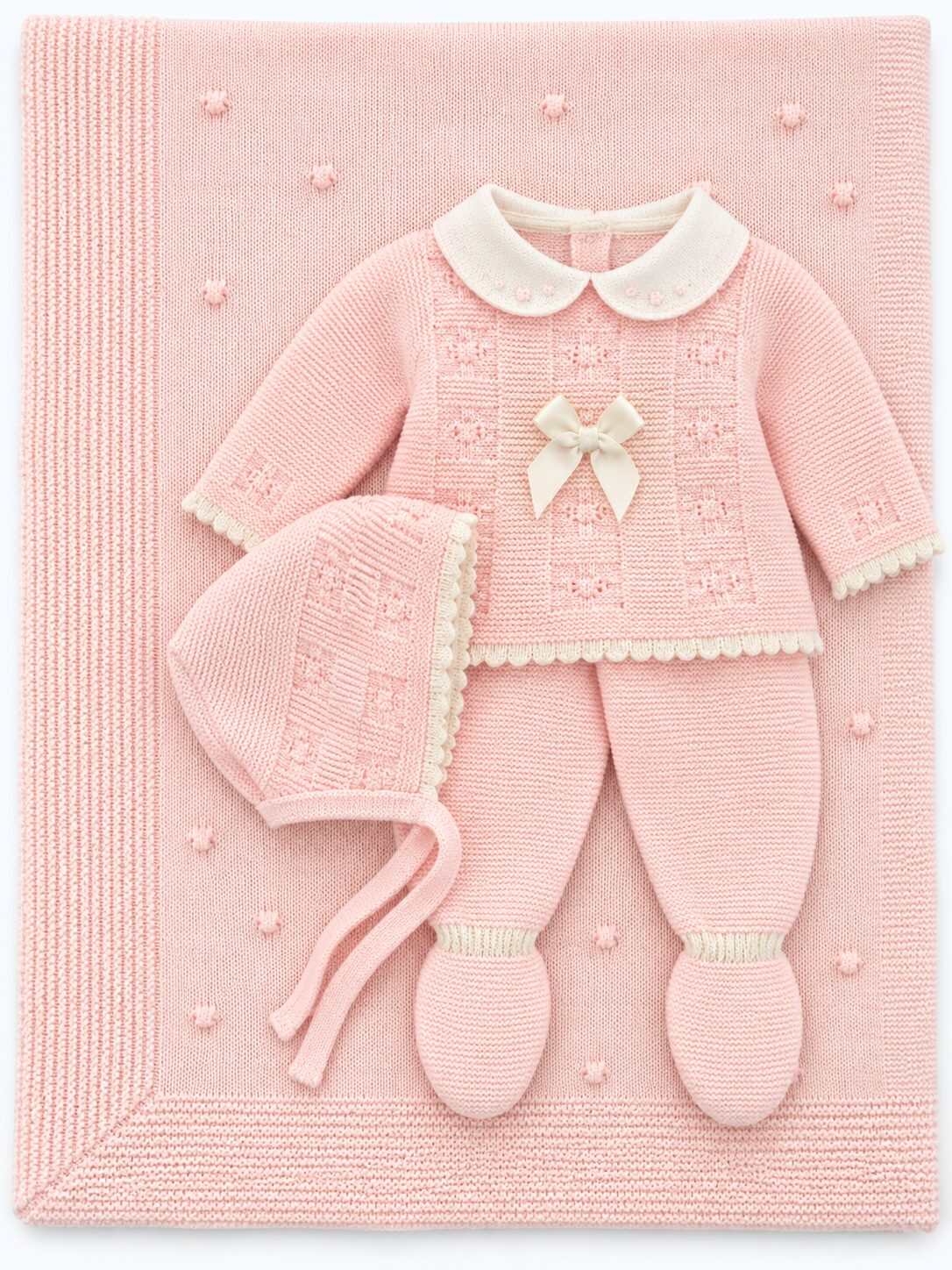 Conjunto de bebé sobre manta de punto rosa Pack Primera Puesta: Conjunto de punto rosa bebé con toquilla y capota – Talla 0 meses 3