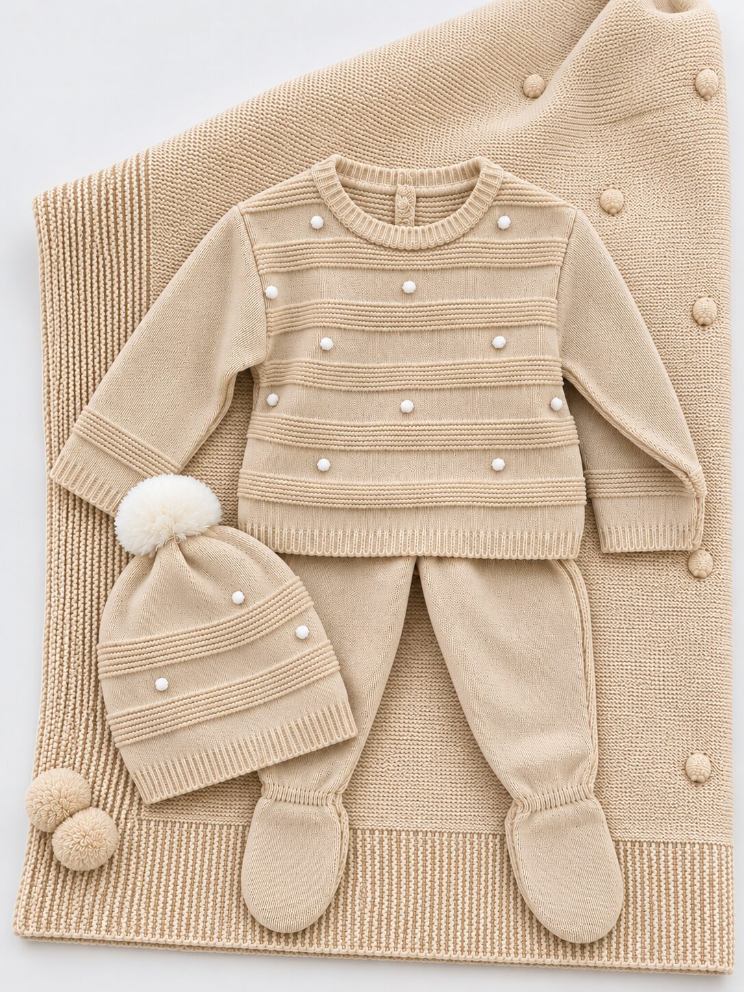 Conjunto de bebé tejido en beige Pack Primera Puesta: Conjunto de Nacimiento Beige con Traje de Punto de 3 Piezas y Toquilla a Juego 3