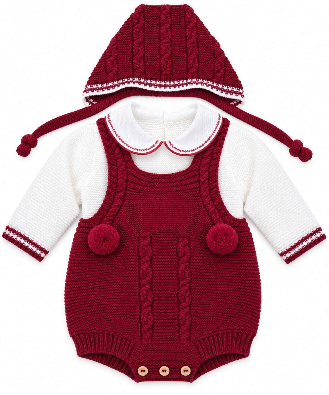 Conjunto de bebé tejido en burdeos y blanco (1) Conjunto de Punto para Bebé Burdeos con Peto, Jersey y Capota 5
