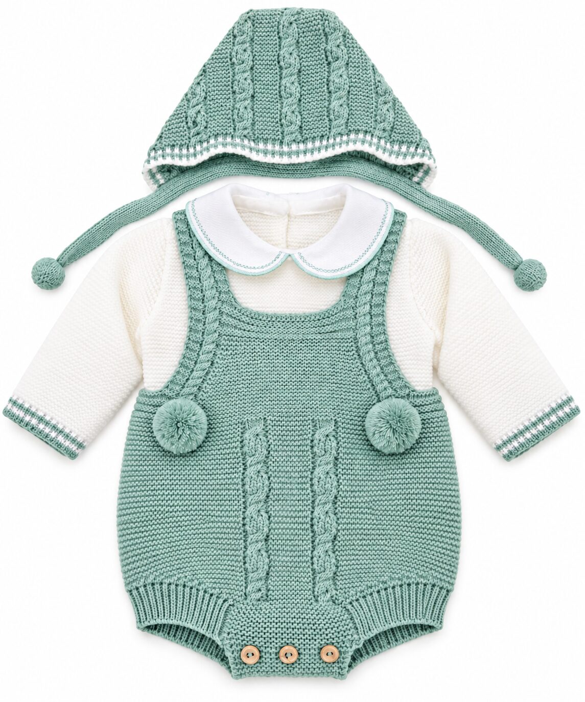 Conjunto de bebé tejido en menta y blanco Conjunto de Punto para Bebé Verde Agua con Peto, Jersey y Capota 5