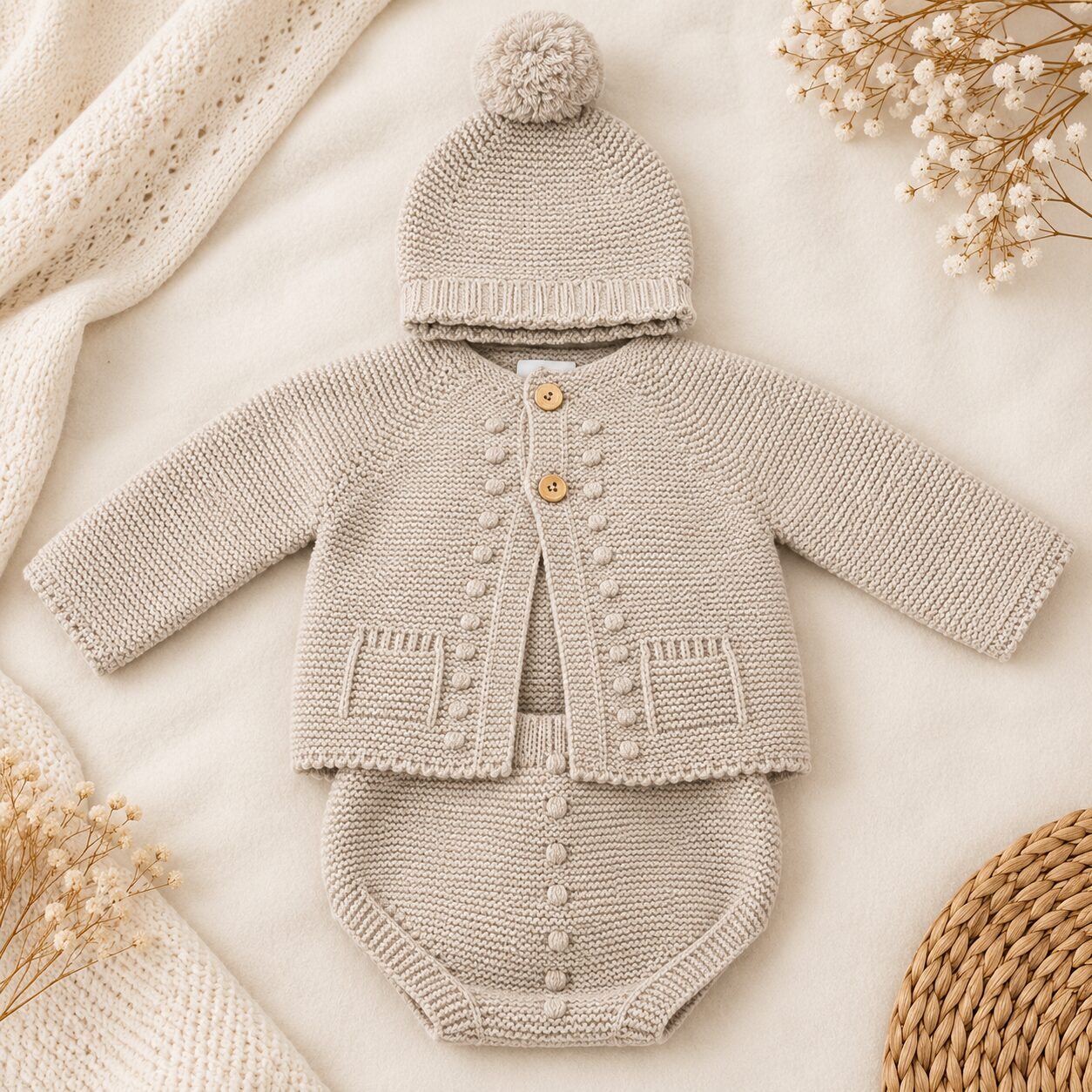 Conjunto de bebé tejido en tonos crema Conjunto de Punto para Bebé en Beige con Chaqueta, Ranita y Gorro con Pompón 5