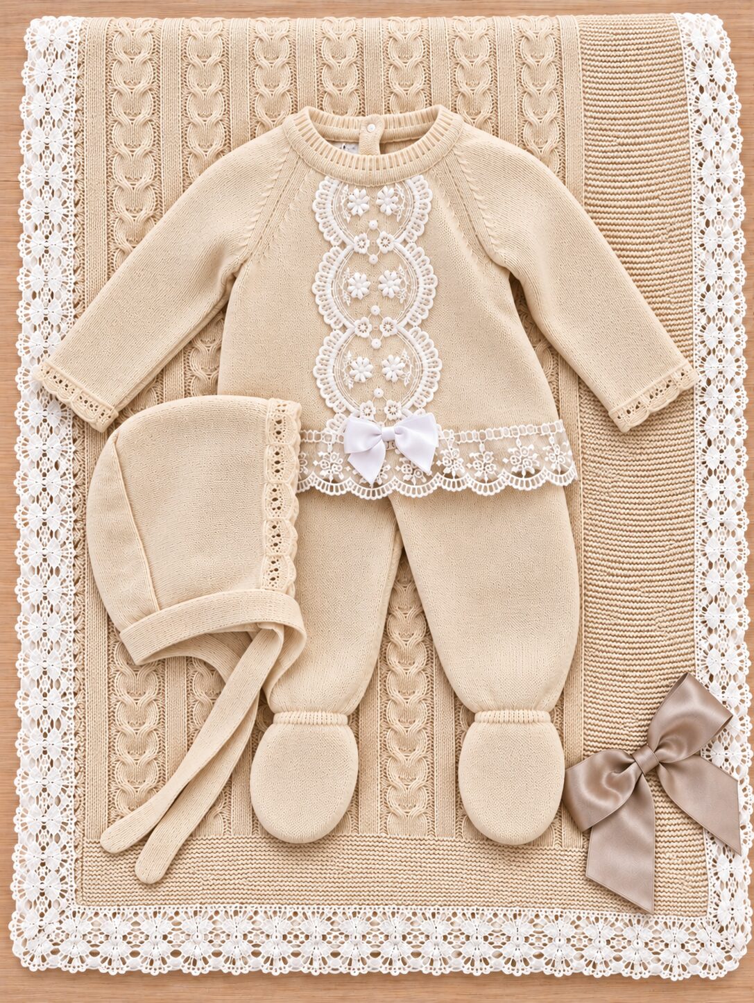 Conjunto de bebé tejido sobre manta de encaje Pack Primera Puesta: Conjunto de punto bebé beige con toquilla y capota de encaje – Talla 0 meses 3