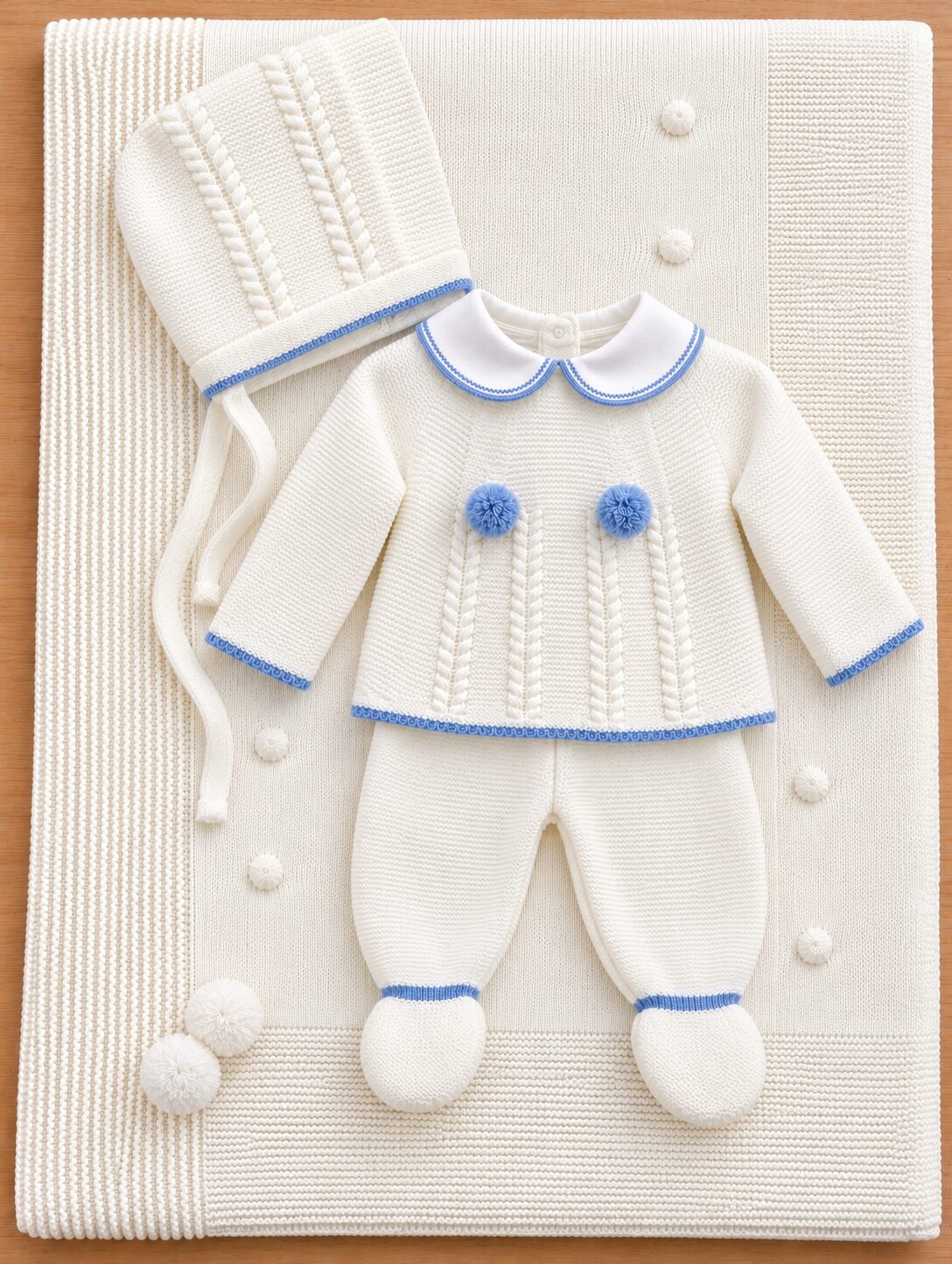 Conjunto de bebé tejido sobre manta de punto Pack Primera Puesta: Conjunto de punto blanco con detalles azul empolvado y toquilla 2