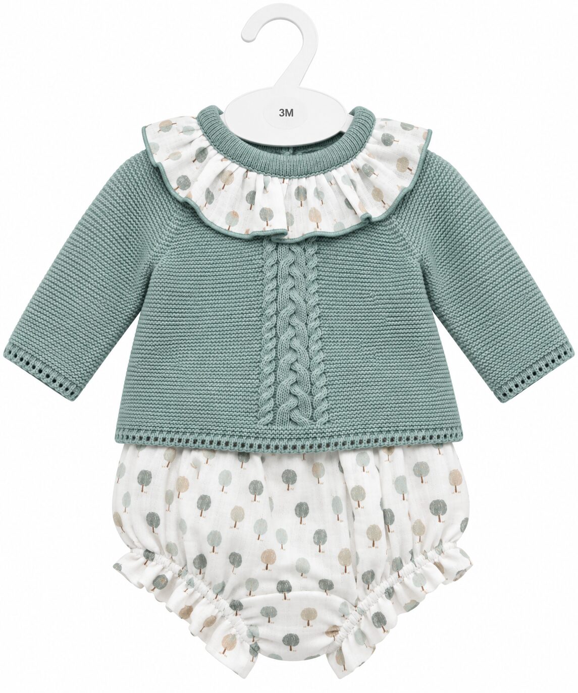 Conjunto de bebé verde menta con árboles Conjunto de Niño de Punto Verde Salvia con Cuello Volante y Ranita Estampada 5