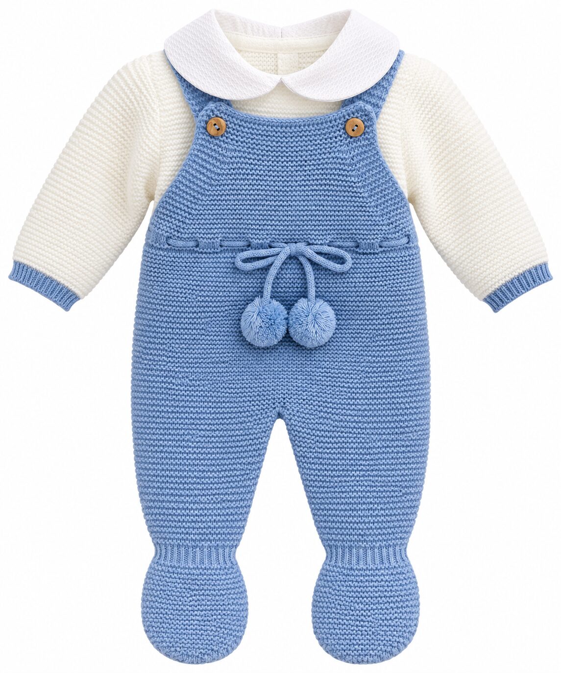 Conjunto de punto azul y crema para bebé Conjunto de Niño con Peto de Punto Azul Empolvado y Jersey Crudo de Cuello Bebé 5