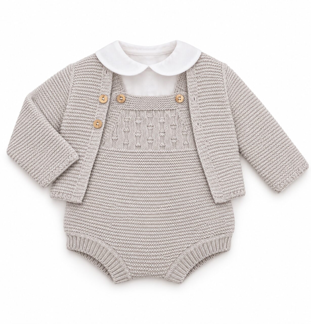 Conjunto de punto beige para bebé (2) Conjunto de Punto para Bebé con Ranita, Chaqueta y Camisa Blanco en Beige 5
