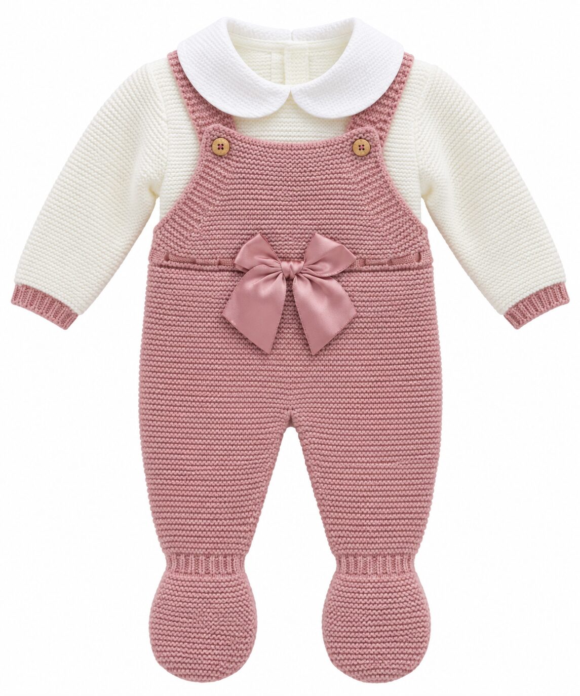 Conjunto de punto rosa empolvado para bebé Conjunto de Niña con Peto Largo de Punto Rosa Empolvado y Jersey Crudo con Cuello Bebé 5