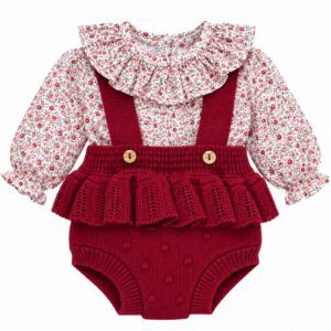 Conjunto de Niña con Ranita de Punto Granate y Blusa Floral con Cuello Volante 3 Conjunto de Niña con Ranita de Punto Granate y Blusa Floral con Cuello Volante 6