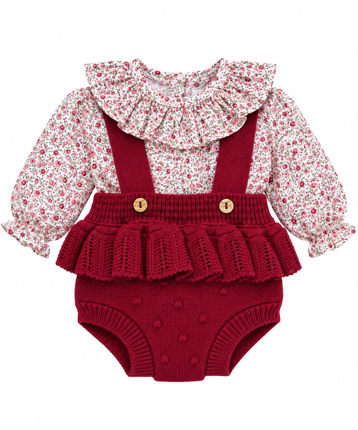 Conjunto floral burdeos para bebé Conjunto de Niña con Ranita de Punto Granate y Blusa Floral con Cuello Volante 4