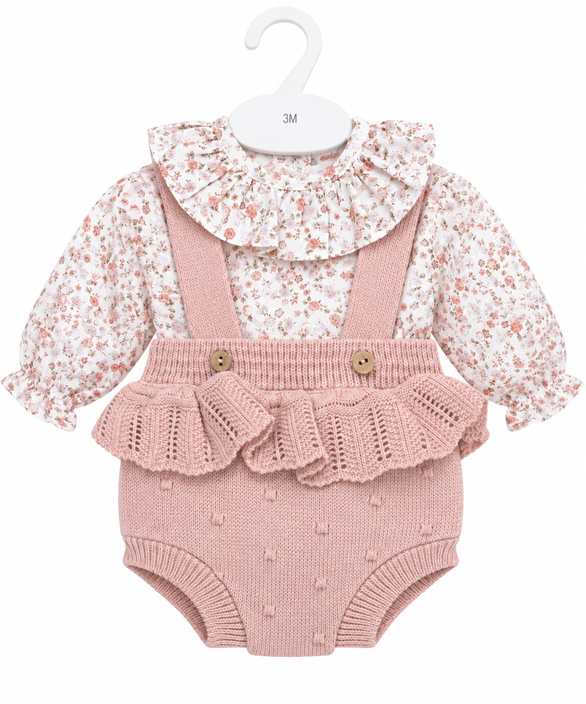 Conjunto floral de bebé en rosa tejido Conjunto de Niña con Ranita de Punto Rosa Empolvado y Blusa Floral con Volante 5