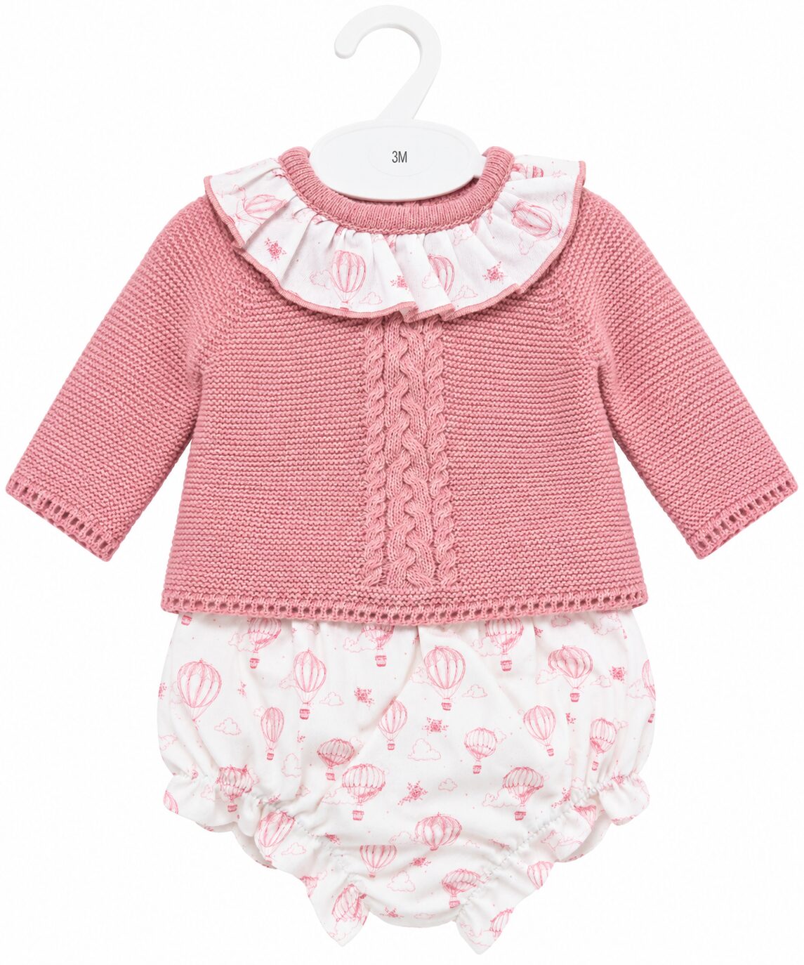 Conjunto rosa de bebé con globos Conjunto de Niña de Punto Rosa Empolvado con Cuello Volante y Braguita de Globos 5