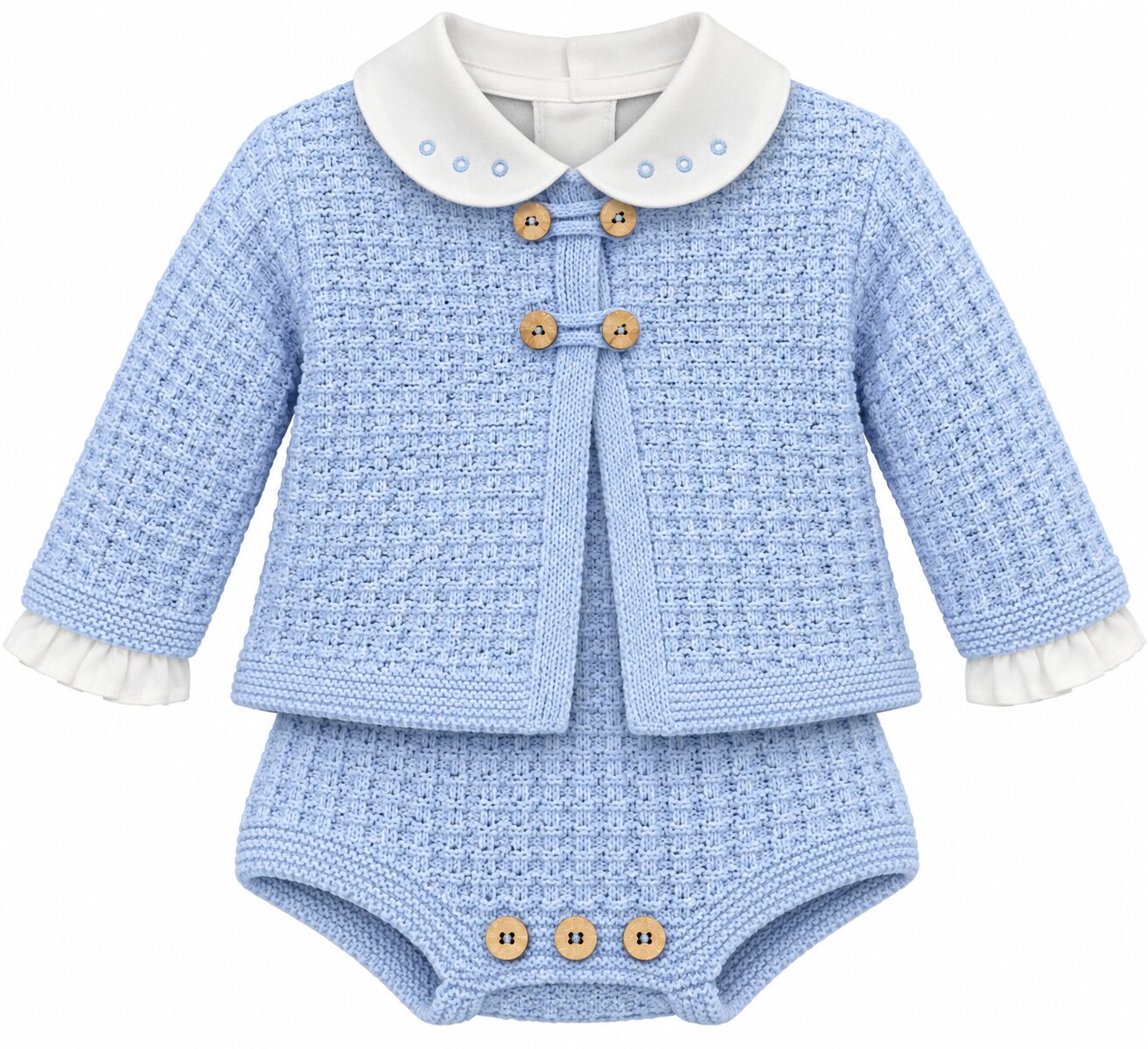 Conjunto tejido azul pastel con cuello blanco Conjunto de 3 Piezas para Bebé Azul de Punto con Peto, Rebeca y Camisa 5