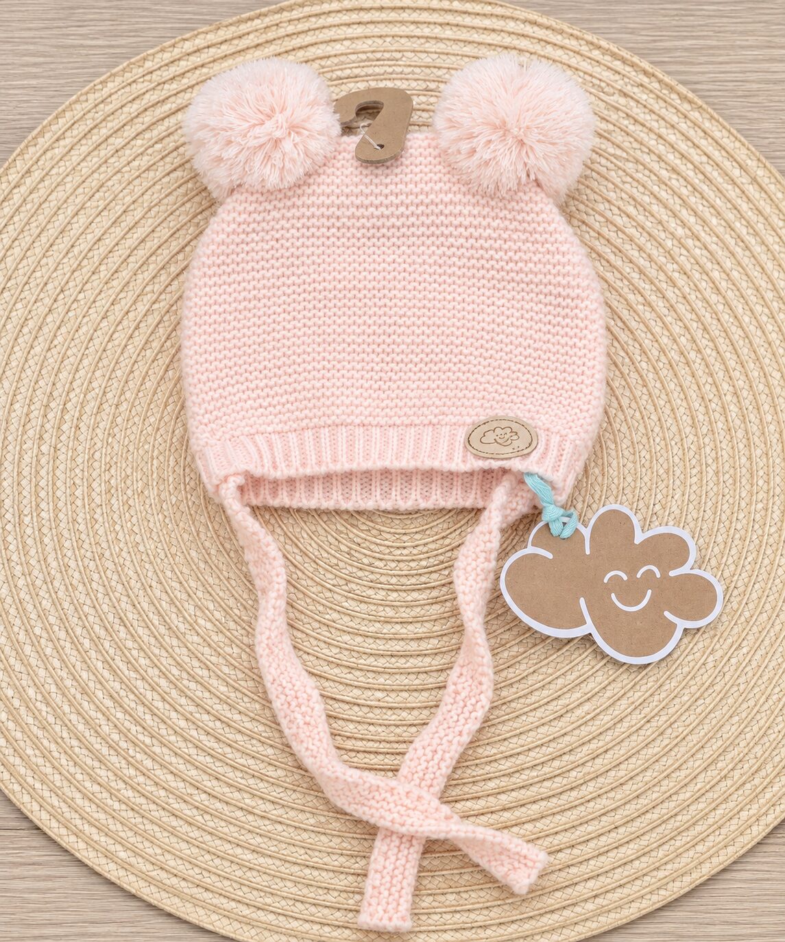 Gorrito rosa de punto sobre mimbre Gorro de Punto Rosa con Doble Pompón Monnuage (0-18 Meses) 3