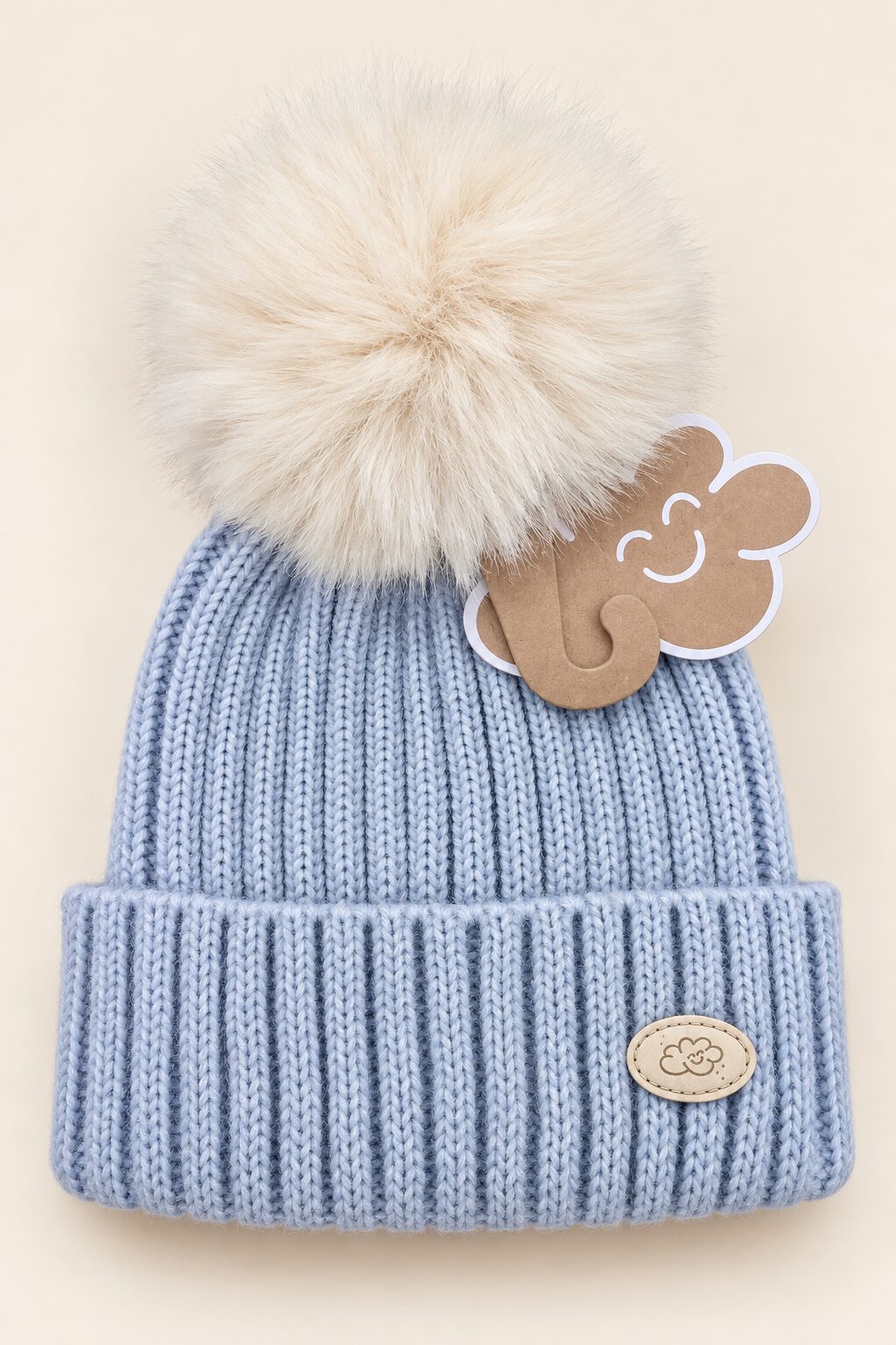 Gorro azul de punto con pompón sonriente Gorro de Punto Azul Celeste con Pompón Crudo Monnuage (3-18 Meses) 3