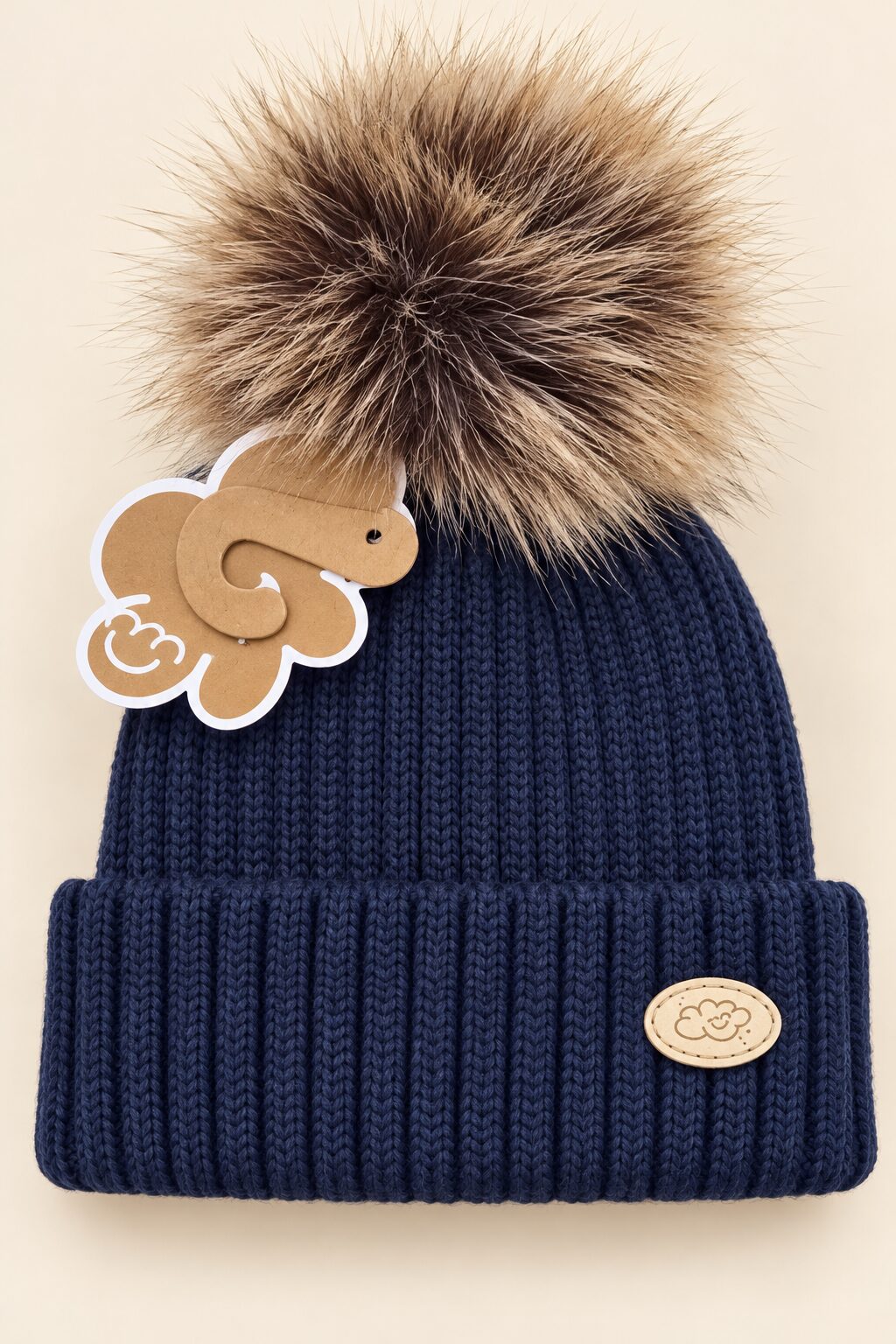 Gorro azul marino con pompón y parche sonriente Gorro de Punto Azul Marino con Pompón de Pelo Marrón Monnuage (2-8 Años) 2