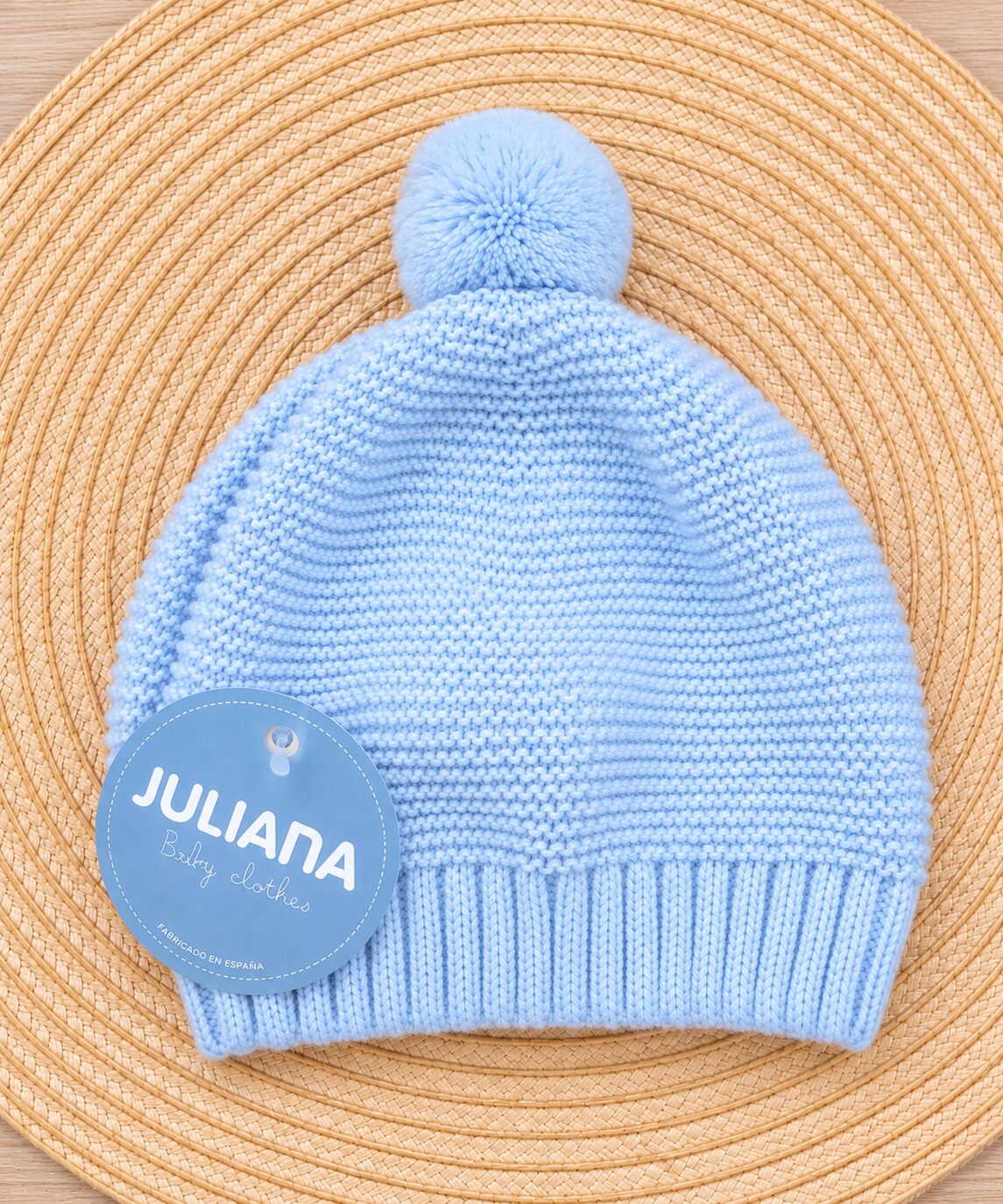 Gorro de bebé azul con etiqueta Juliana Gorro de Punto Celeste con Pompón Juliana (0-12 Meses) 3