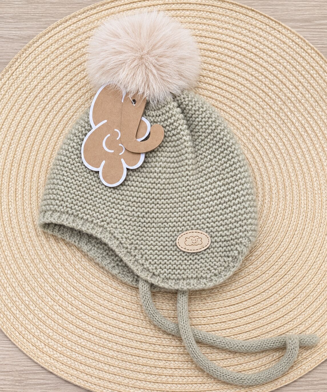 Gorro de bebé sobre esterilla trenzada (1) Gorro de Punto Beige Kaki con Pompón Monnuage (0-4 Meses) 3