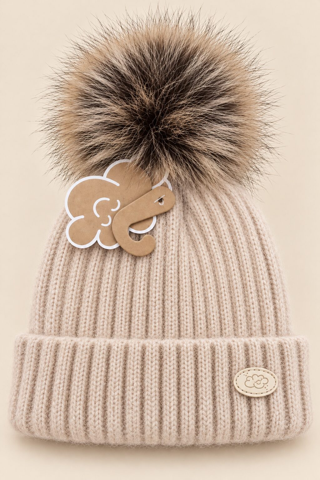 Gorro de invierno con pompón y etiqueta decorativa Gorro de Punto Beige Claro con Pompón Marrón Monnuage (2-8 Años) 3