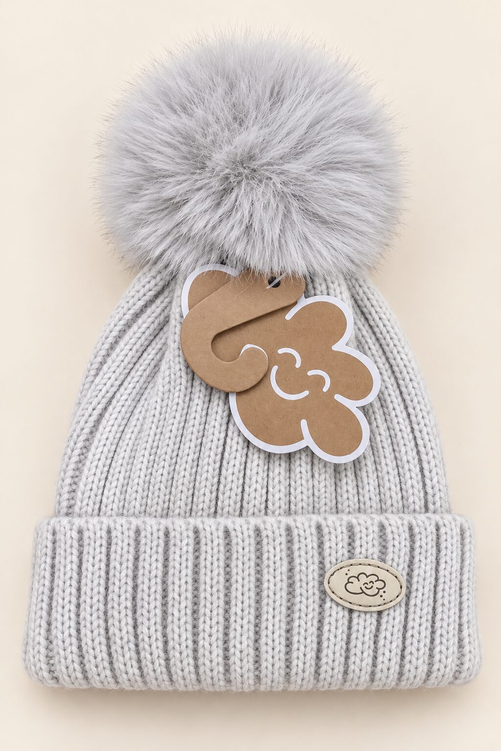 Gorro gris con pompón y etiqueta de nube Gorro de Punto Beige Claro con Pompón Gris Monnuage (3-18 Meses) 3