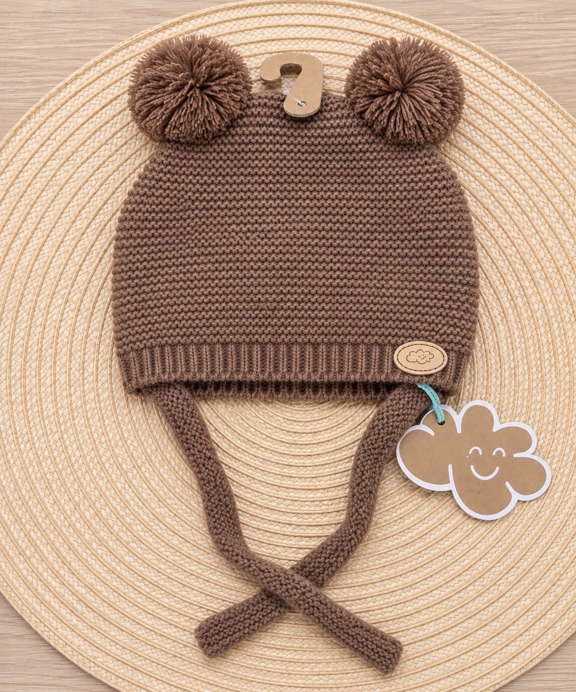 Gorro infantil de punto sobre mimbre Gorro de Punto Marrón Chocolate con Doble Pompón Monnuage (0-18 Meses) 2