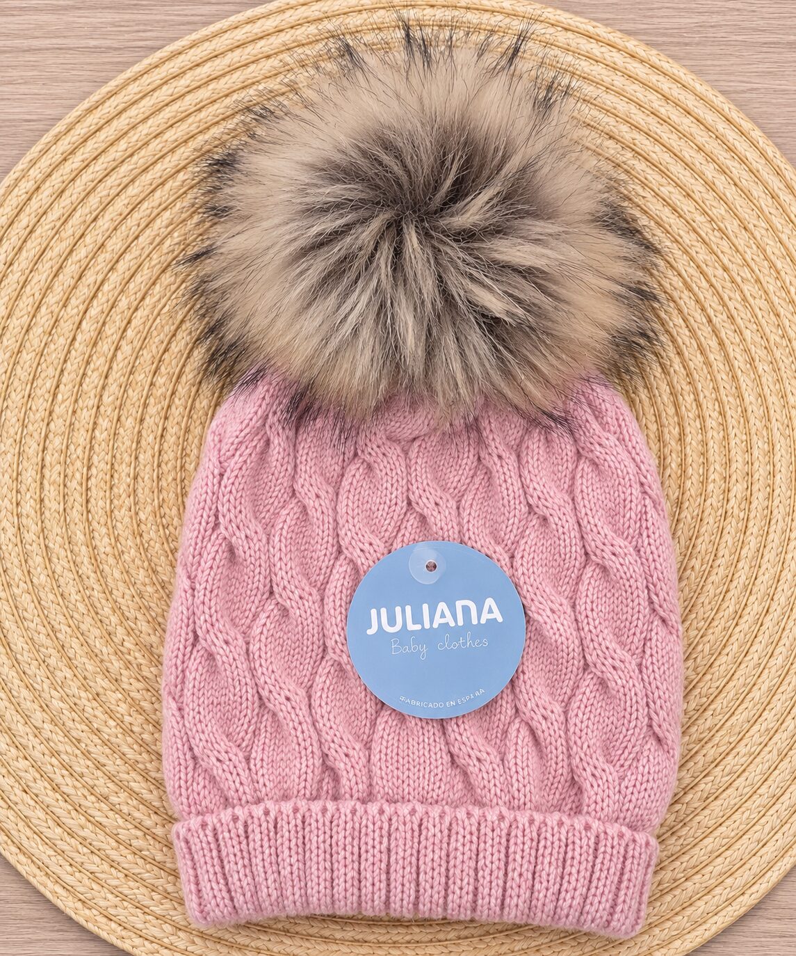 Gorro rosa con pompón de piel falsa Gorro de Punto Trenzado Rosa Maquillaje con Pompón de Pelo Juliana (1 Mes a 4 Años) 3