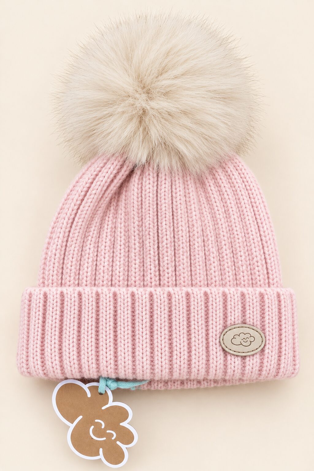 Gorro rosa pastel con pompón y etiqueta abeja Gorro de Punto Rosa Claro con Pompón Beige Monnuage (3-18 Meses) 3