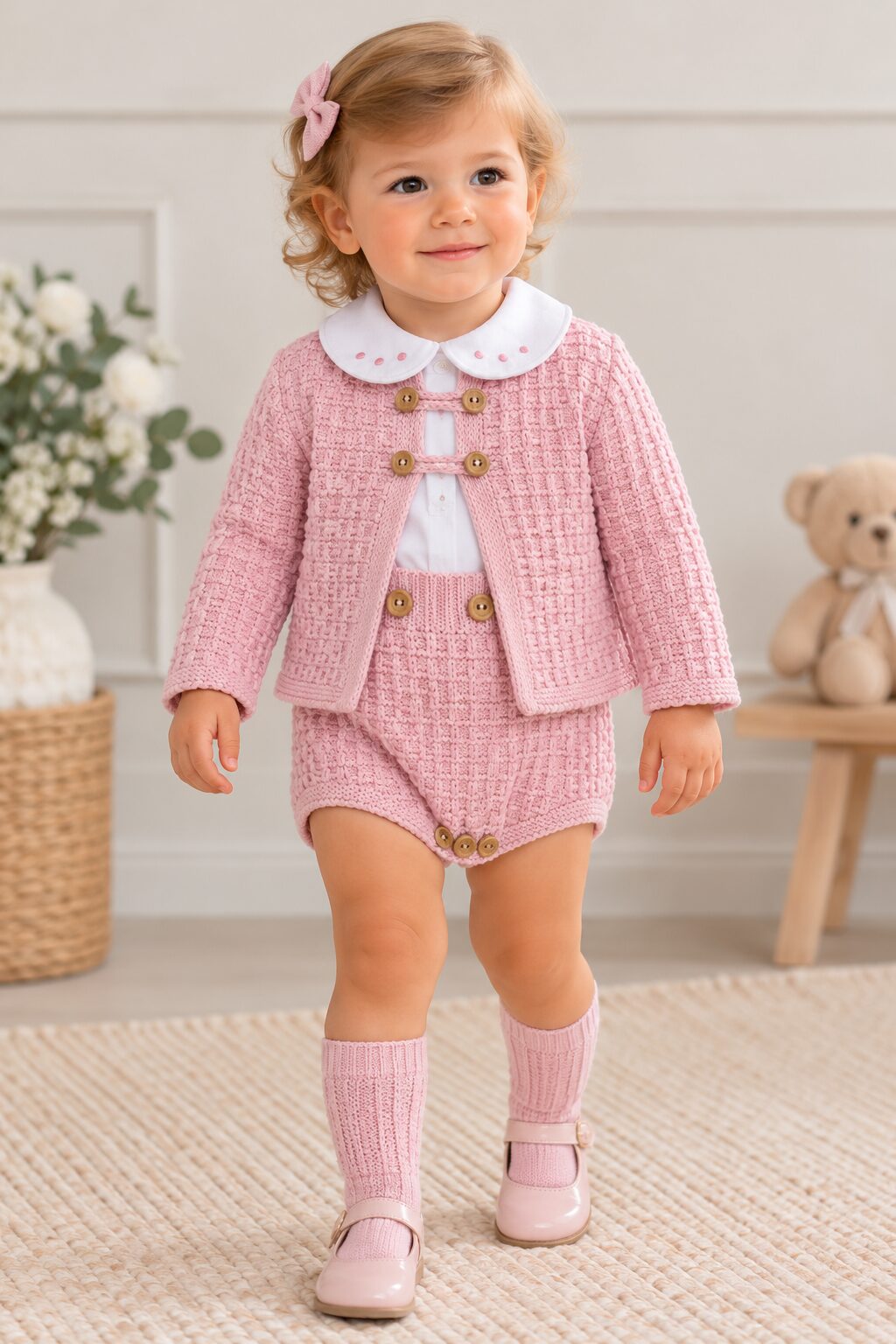 Niña con conjunto de punto rosa Conjunto de Bebé Rosa de 3 Piezas con Peto, Rebeca y Camisa 3