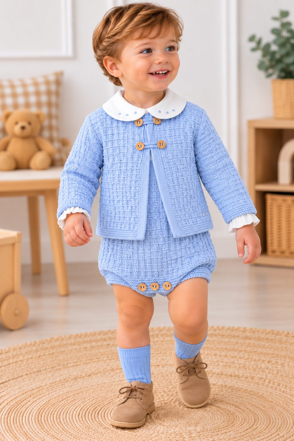 Niño pequeño con conjunto azul tejido (1) Conjunto de 3 Piezas para Bebé Azul de Punto con Peto, Rebeca y Camisa 3