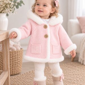 Abrigo de Punto para Niña Rosa Bebé con Capucha y Pelo Suave Blanco
