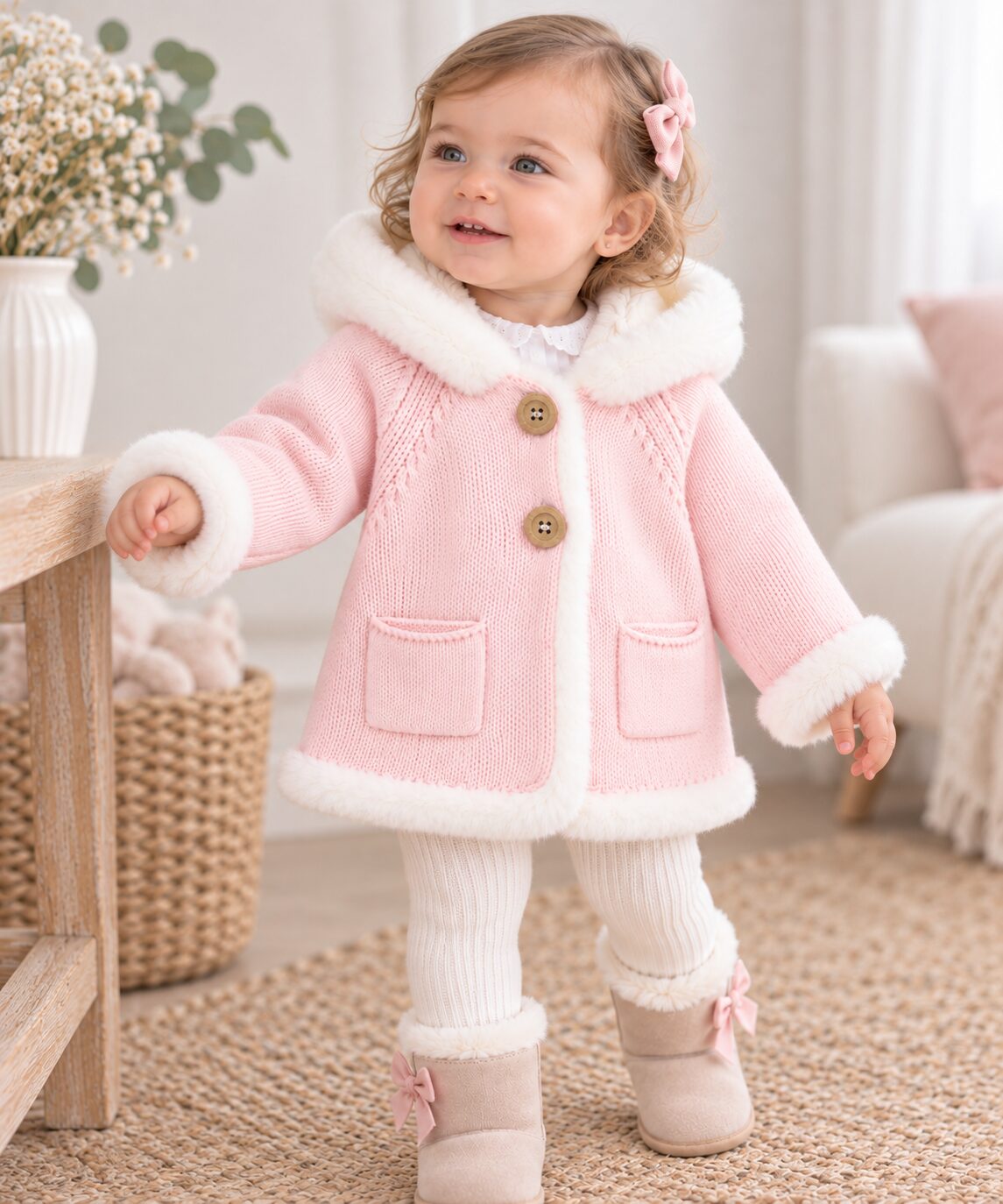 Pequeña exploradora con abrigo rosa (1) Abrigo de Punto para Niña Rosa Bebé con Capucha y Pelo Suave Blanco 3