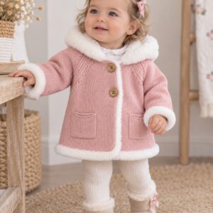 Abrigo de Punto para Niña Rosa Empolvado con Capucha y Pelo Suave
