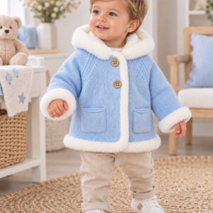 Abrigo de Punto para Niño Azul Celeste con Capucha y Pelo Suave Blanco