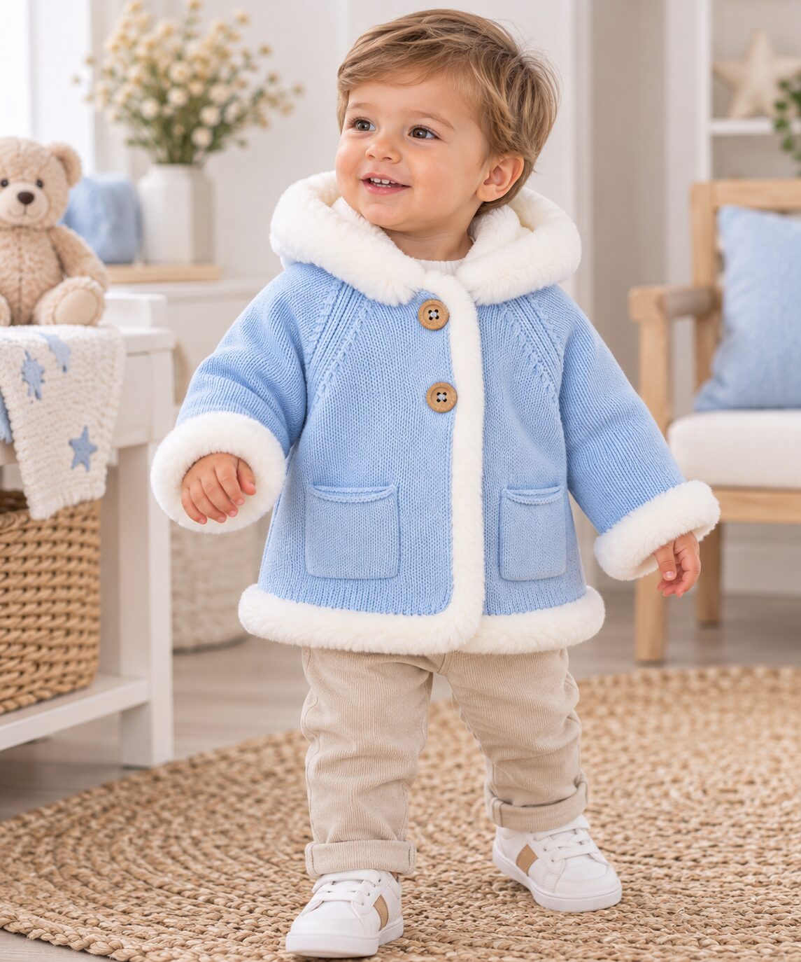 Pequeño explorador en azul y crema Abrigo de Punto para Niño Azul Celeste con Capucha y Pelo Suave Blanco 3