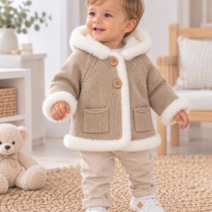 Abrigo de Punto para Niño Color Camel con Capucha y Pelo Suave Crudo