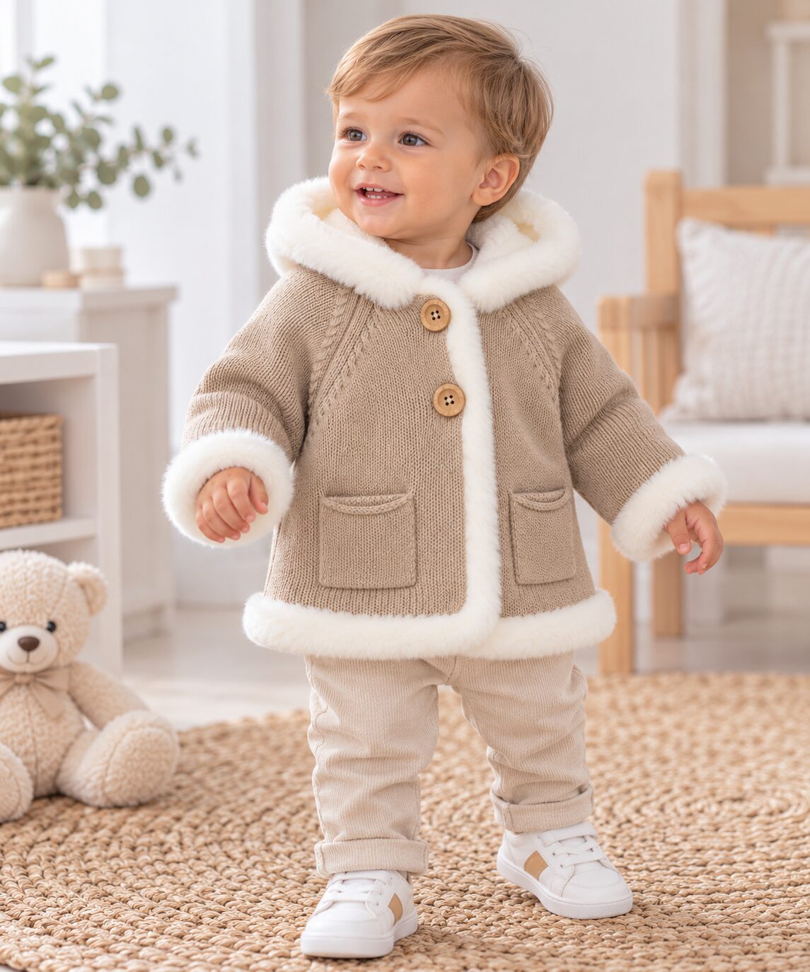 Pequeño explorador en tonos neutros Abrigo de Punto para Niño Color Camel con Capucha y Pelo Suave Crudo 3