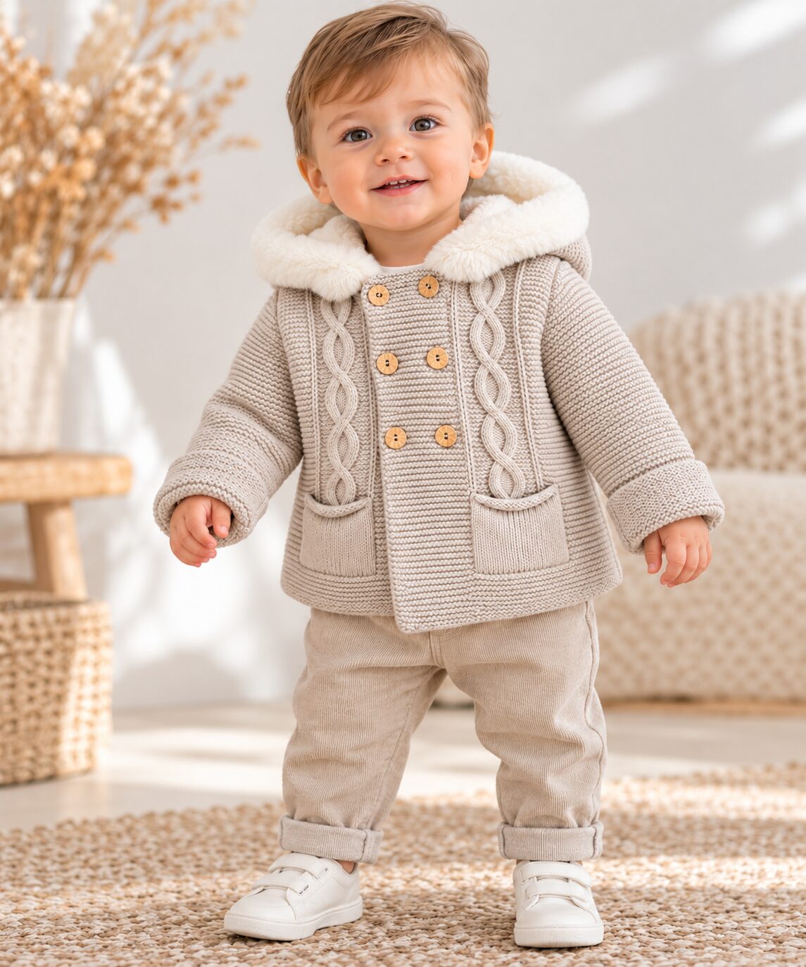 Pequeño modelo con abrigo de punto beige Abrigo de Punto para Bebé con Capucha de Pelo en Color Piedra 2