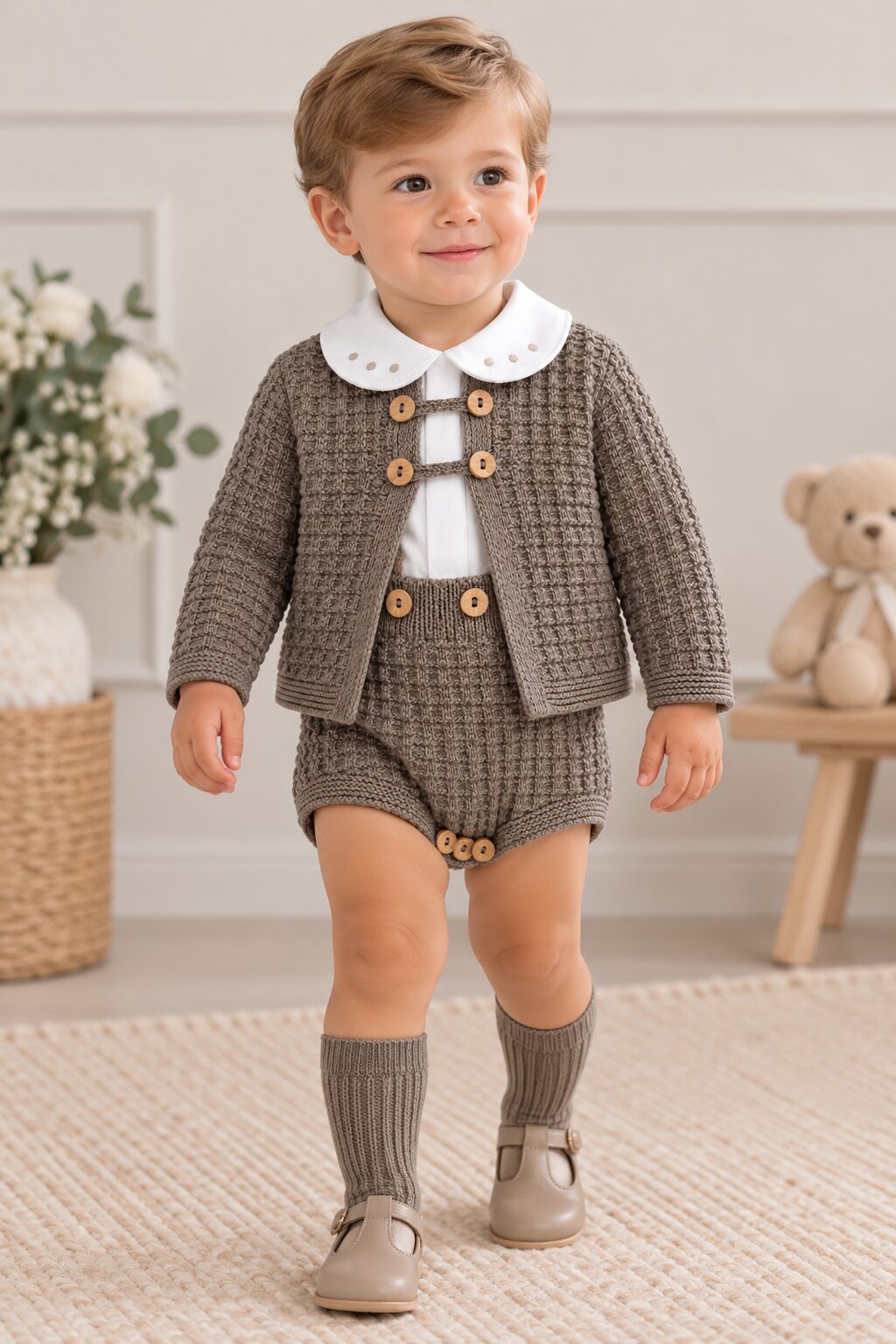 Pequeño modelo en su acogedora habitación Conjunto de Bebé Marrón Topo de 3 Piezas con Peto, Rebeca y Camisa 3