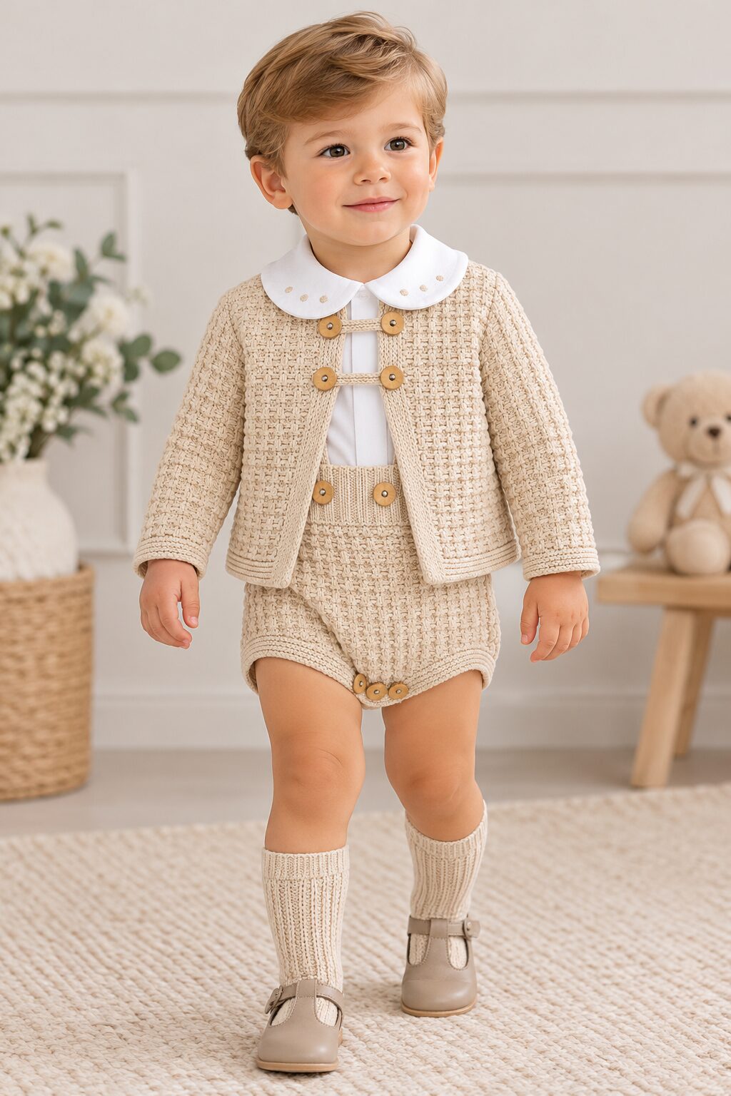 Pequeño príncipe de punto beige Conjunto de Bebé Beige de 3 Piezas con Peto, Rebeca y Camisa 3