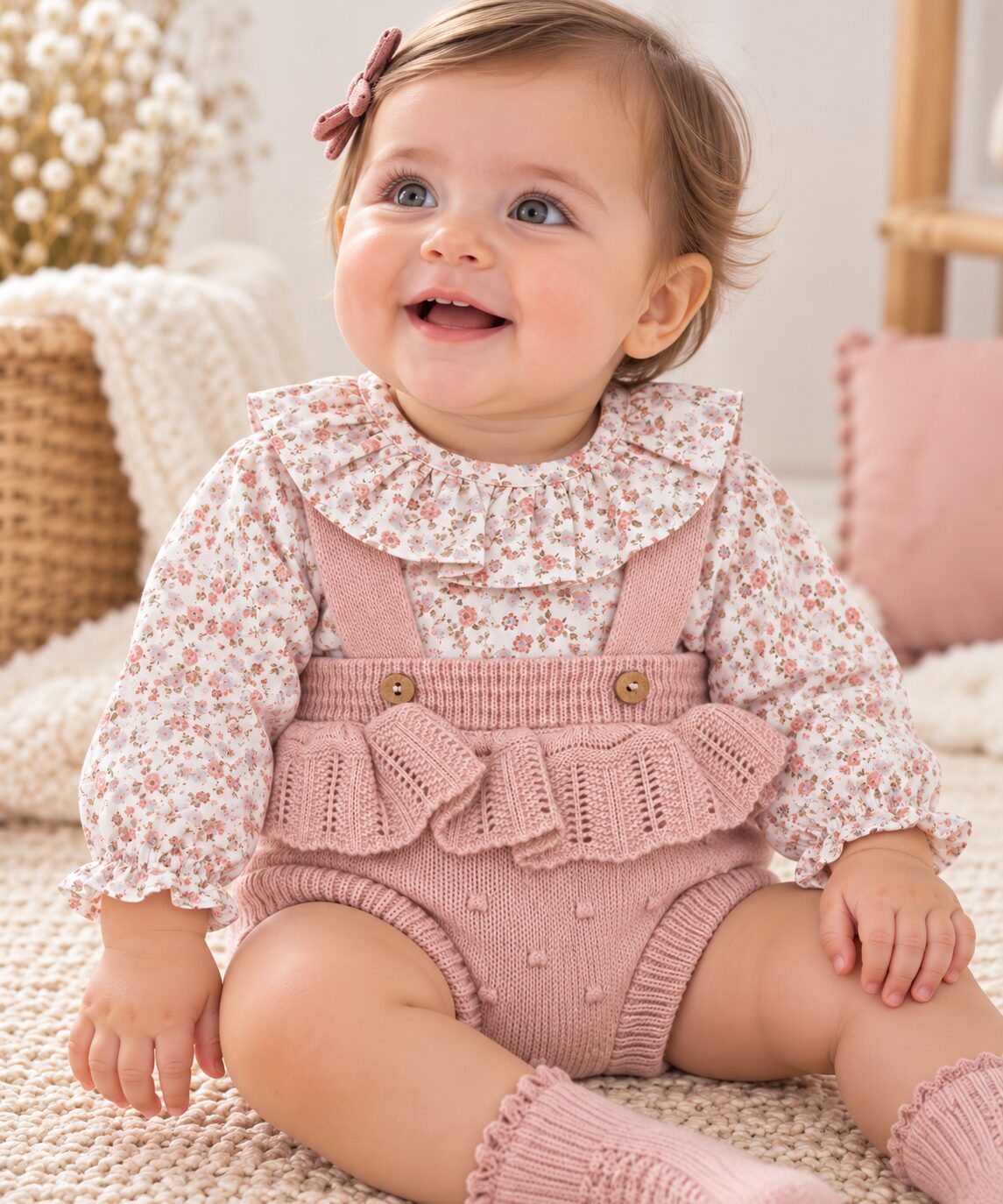 Retrato acogedor de bebé con flores Conjunto de Niña con Ranita de Punto Rosa Empolvado y Blusa Floral con Volante 3