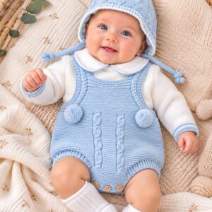 Conjunto de Punto para Bebé Azul Celeste con Peto, Jersey y Capota